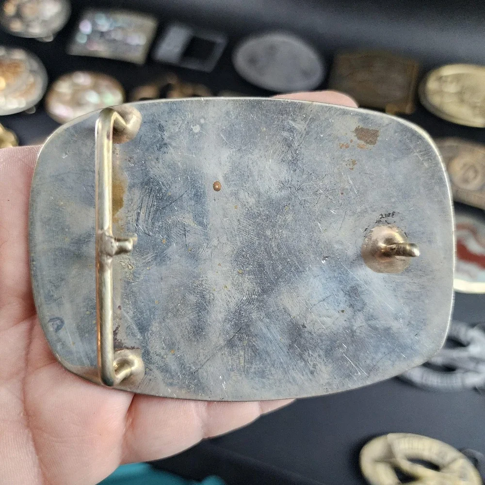 Vintage Aviation Belt Buckle Blue and Brass Flying Winds Ray